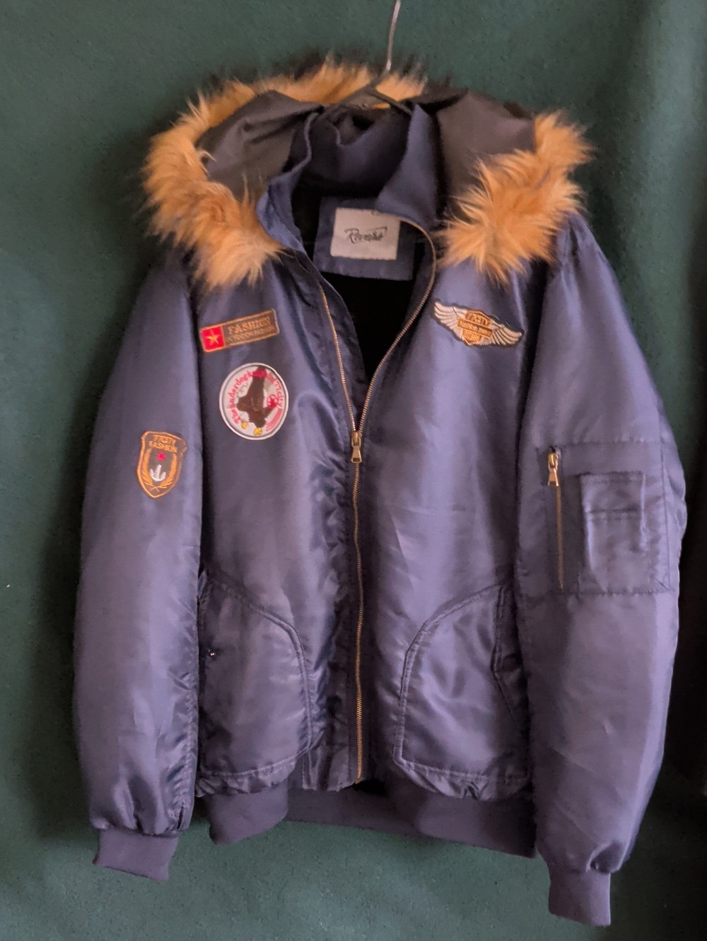 Kids Navy Blue Faux-Fur Trim Bomber Jacket